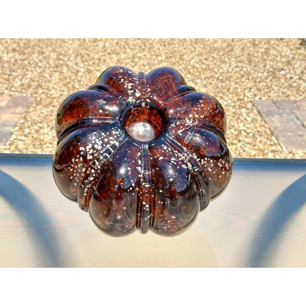 Large Amber Gold Brown Glass Pumpkin w/ Silver Sparkles & Ribbed Gold Stem 7.5